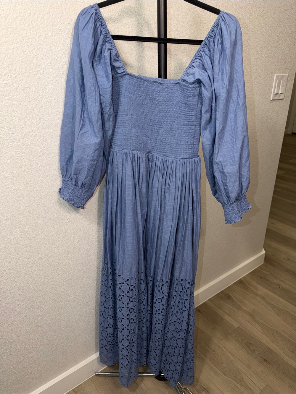Free People perfect storm size S Blue Smocked Maxi Dress with Eyelet Hem - Picture 8 of 12